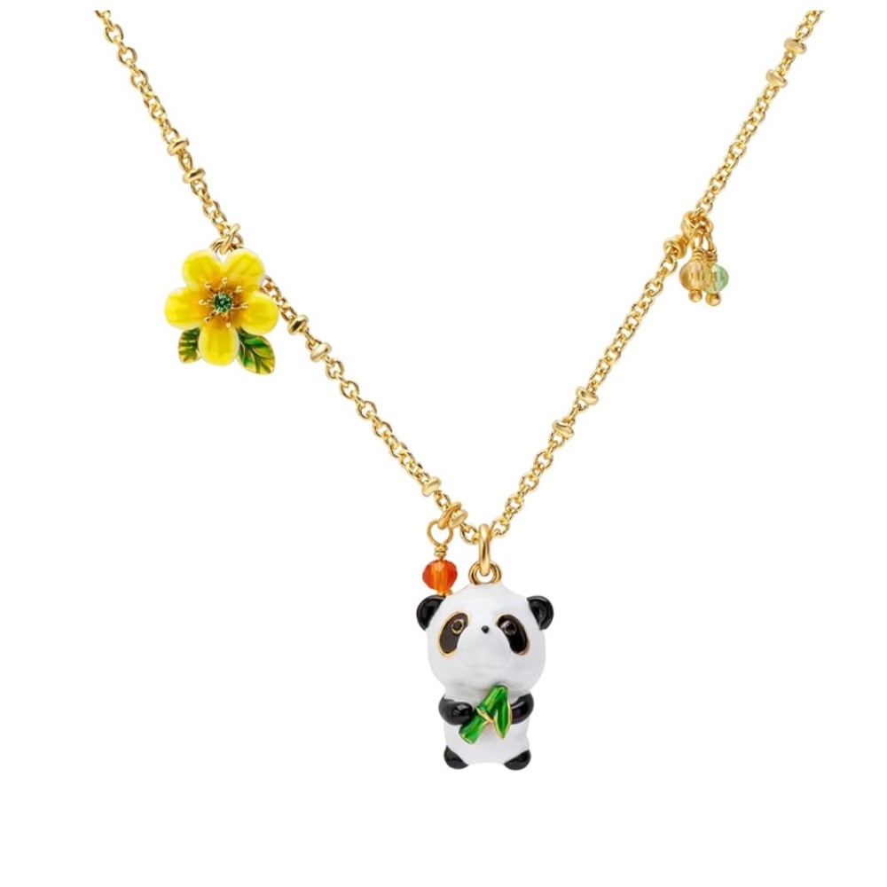 Juicy Grape Panda With Bamboo And Flower Enamel Charm Necklace